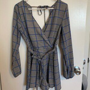Plaid V-neck Belted One-piece/romper